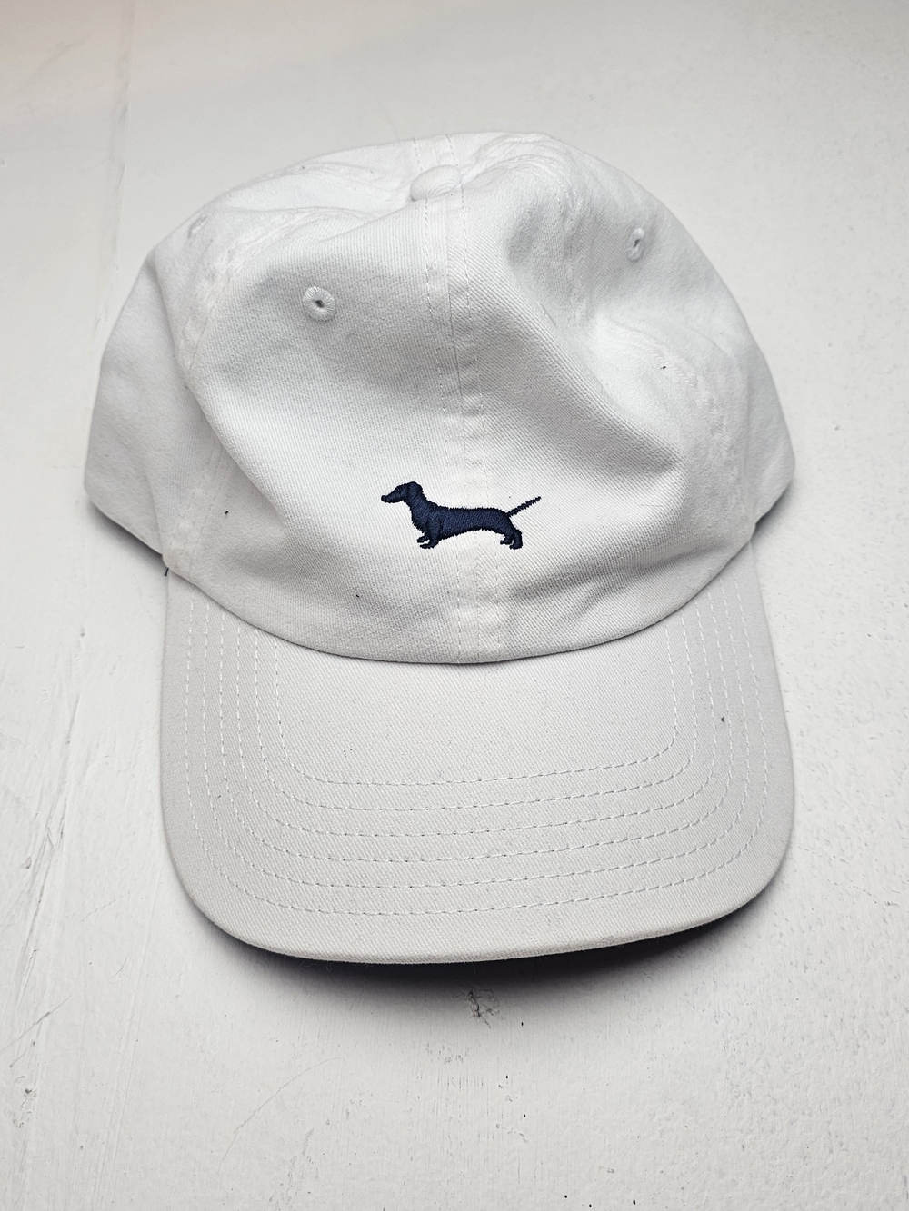 ORTC White Preppy Baseball Cap with Navy Dachshund Embroidery